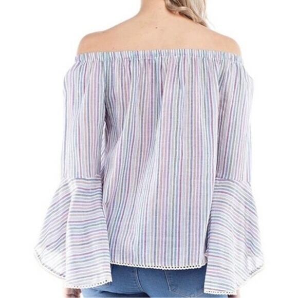 Solitaire Top Off the Shoulder Bell Sleeve Pastel Stripe Size Large - Picture 3 of 7